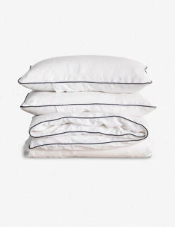 European Flax Piped Linen Duvet Set By Cultiver -Home Furnishings CULTIVER Linen Duvet Set White Navy 800